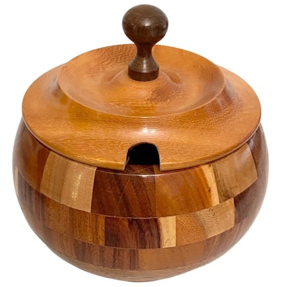 Sugar Bowl w/ Lid Carved Bamboo Wood - Picture 1 of 7